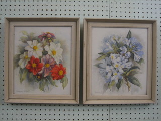 Bruere Collins, pair of watercolours, still life studies, "Flowers" 10" x 9"