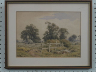 Watercolour drawing "Figures Hay Making, Church in Distance" monogrammed CSR 7" x 10"