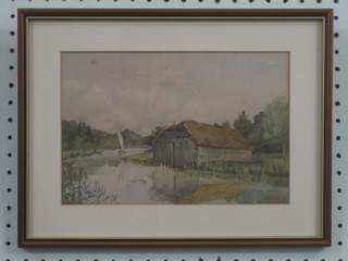 Watercolour drawing "Boat House with Lake" monogrammed and dated 1897 6" x 10"