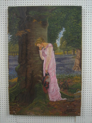 J H Jonson, oil on canvas "Study of a Standing Lady Beneath a Tree" 36" x 24" (some paint loss)