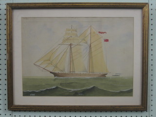 A Kemp, watercolour drawing "Three Masted British Merchant Ship, Iona" 11" x 16"