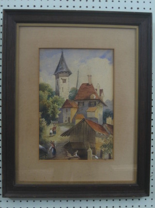 Continental naive school watercolour drawing "Hilltop Village with Church, Buildings and Figures" 12" x 8"