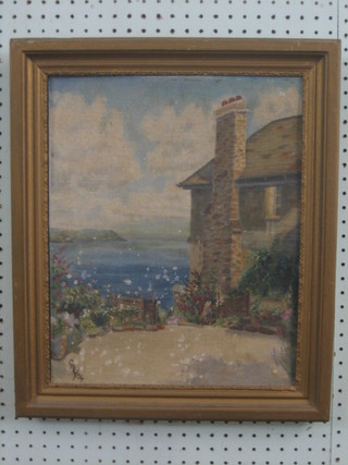 Oil painting on board "Seaside Cottage with Bay in Distance" 15" x 13"