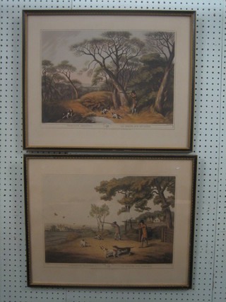 Two French coloured hunting prints number 10 and 13,  "Woodcock and Partridge Shooting" 12" x 17"