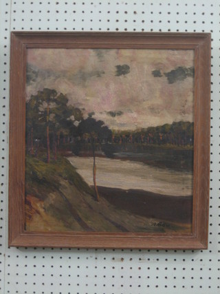 A Rollen, oil on canvas "Impressionist Lake Scene with Trees" 15" x 14"