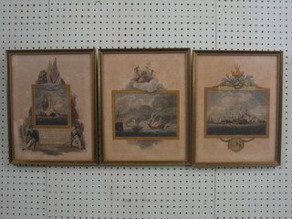 3 18th/19th Century coloured prints by R Bowyer of Palmall, "The Desperate Action Between the Terrible and Vengeance Dec. 1757, Victory Over the Spanish Fleet 29th August 1850"  and 1 other 12" x 10"