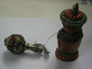 An Eastern amber and hardstone mounted bottle 4" and 1 other club shaped scent bottle 3"