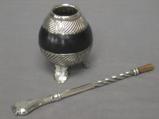 A South American wooden and silver plated tea straw and cup