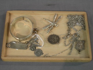A silver identity bracelet, a silver bracelet, ditto chain, and other items of silver jewellery etc