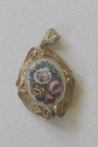 A gilt metal and micro mosaic oval pendant