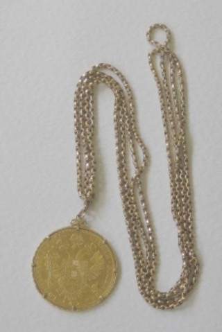 A 1915 Austrian gold coin mounted as a pendant and hung on a 9ct gold box link multi chain