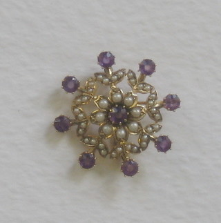 A Victorian 15ct gold pendant/brooch set pearls and amethysts