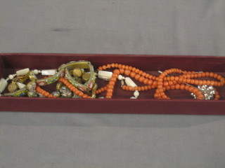 3 micro mosaic  bracelets, 2 strings of coral beads etc