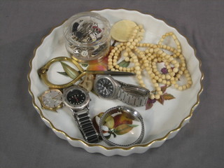 A circular cut glass dressing table jar with silver lid (chip to base), a string of ivory beads, a gentleman's Longines wristwatch and 3 other wristwatches
