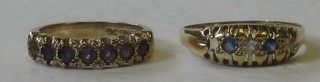 An 18ct gold dress ring set blue and white stones (1 missing) together with a 9ct gold dress ring set amethysts (1 missing)