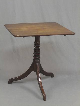 A 19th Century rectangular mahogany snap top wine table, raised on ring turned column tripod support 25"