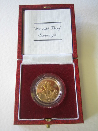A 1984 gold proof sovereign, cased