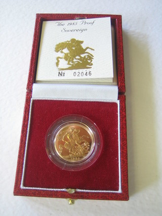 A 1985 gold proof sovereign, cased