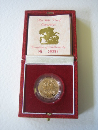 A 1988 gold proof sovereign, cased