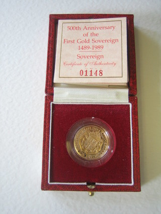 A 1989 gold proof sovereign, cased