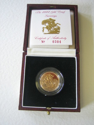 A 1991 gold proof sovereign, cased