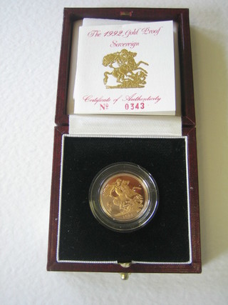 A 1992 gold proof sovereign, cased