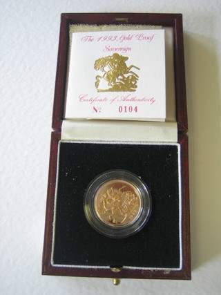 A 1993 gold proof sovereign, cased