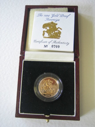 A 1994 gold proof sovereign, cased