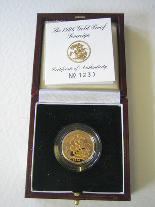 A 1996 gold proof sovereign, cased
