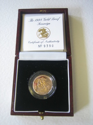 A 1998 gold proof sovereign, cased
