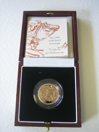 A 1999 gold proof sovereign, cased