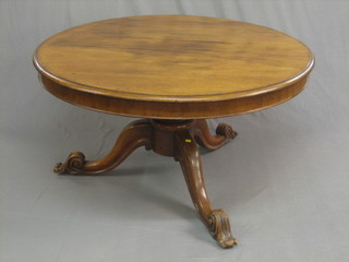 A Victorian circular mahogany snap top breakfast table, raised on a turned column and tripod support 48"