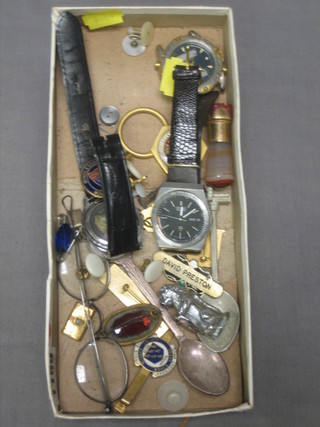 3 various wristwatches, a seal and a small collection of various enamelled badges