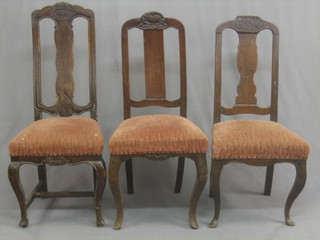 3 various 18th Century French walnut slat back dining chairs, the seats upholstered in pink material, raised on cabriole supports