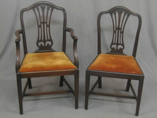 A set of 6 19th Century mahogany Hepplewhite style dining chairs with pierced vase shaped slat backs and upholstered drop in seats