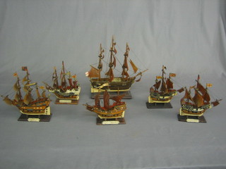 6 various wooden model galleons - HMS Bounty, The Merry Fortune, Kings Ship, The Regent, The Warwick and Bonaventure 