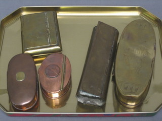 A 19th Century oval brass tobacco box with hinged lid 6", an oval copper ditto and 3 various snuff boxes