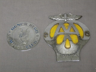 A AA beehive badge and 1 other car badge for Bognor Regis motor club