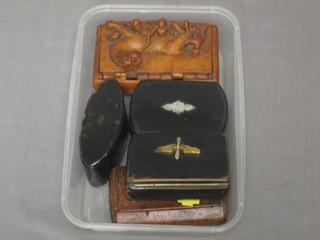 A rectangular horn snuff box together with a carved Eastern snuff box and 3 lacquered snuff boxes