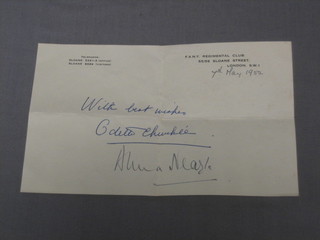 A  section of Fany Regimental Club notepaper dated 7 May 1952, signed with best wishes Odette Churchill and Anna Neagle