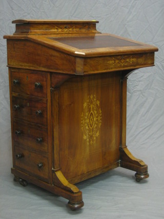 A Victorian inlaid figured walnut Davenport, the top with stationery box, the pedestal fitted 4 long drawers 21"