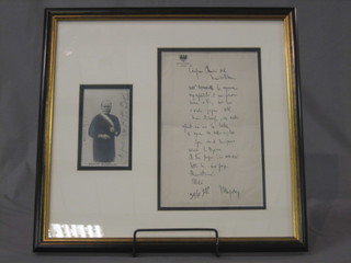 Benito Mussolini, a signed letter dated 13/10/1922, 10" x 7" together with a postcard, framed, previously the property of a party worker