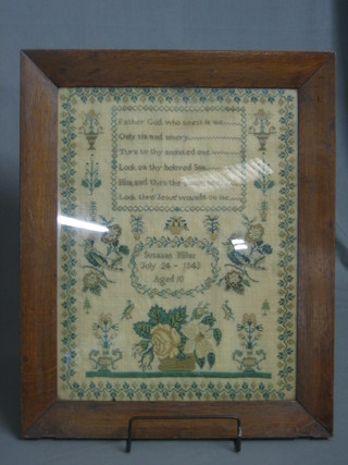 A Victorian stitch work sampler by Susanna Milne July 24 1843 aged 10 with motto and birds 16" x 12"