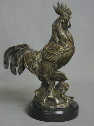 A modern bronze figure of a standing cockerel 12", raised on a circular marble base