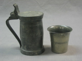 A Continental antique pewter lidded tankard 5" and a pewter beaker 3"