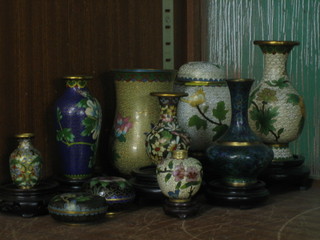 A cloisonne enamelled ginger jar and cover 4", a waisted vase 5" 6 other vases and 2 circular trinket boxes