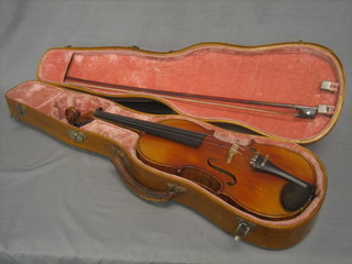 A violin marked  Derazey, A Mirecourt, with 2 piece back 14", complete with bow and contained in a wooden case