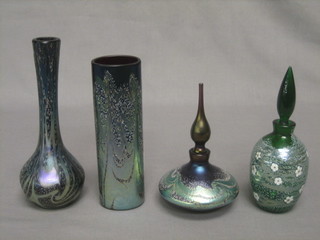 2 Okra Art Glass club shaped vases decorated Merlin's Web 7" and 2 Okra scent bottles with stoppers