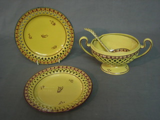 A Davenport faience twin handled ribbon ware sauce tureen 6" with liner and ladle together with a pair of matching plates
