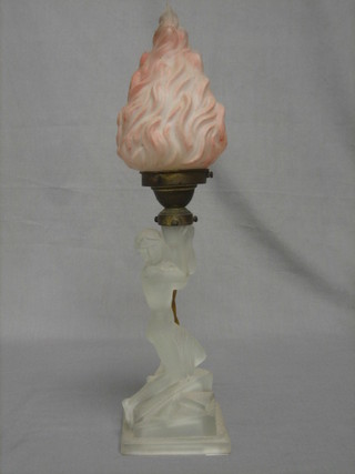 An Art Deco glass table lamp in the form of a lady 17"